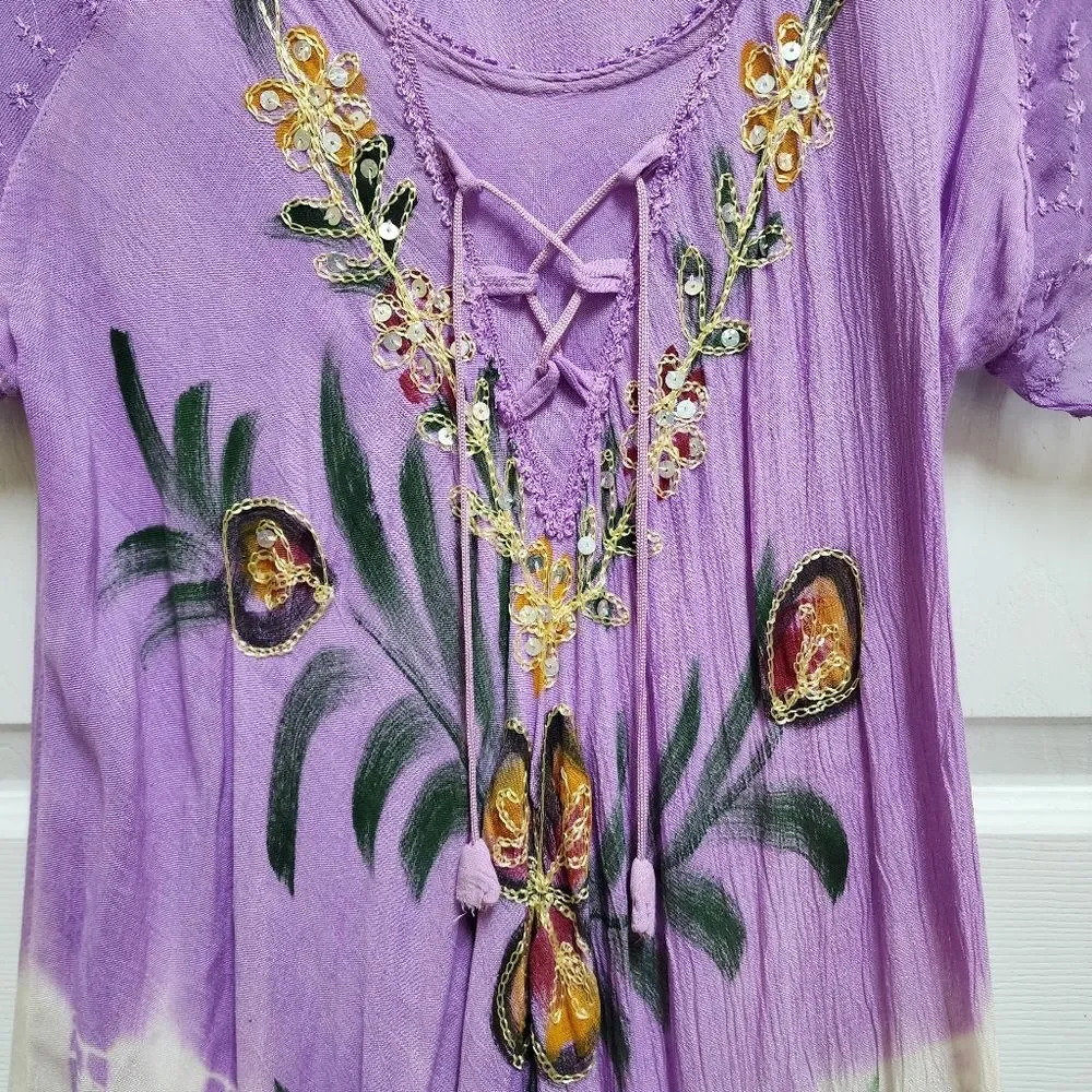 Sante Dress One Size Purple Floral Sequin Rhinestone Embroidered Hi Low Peasant